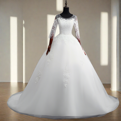Royal wedding dress with long train GLGB406T for Christian & Catholic brides across Kerala, Goa, Mangalore, Tamil Nadu & North-East India, plus NRI brides in USA, UK & Gulf