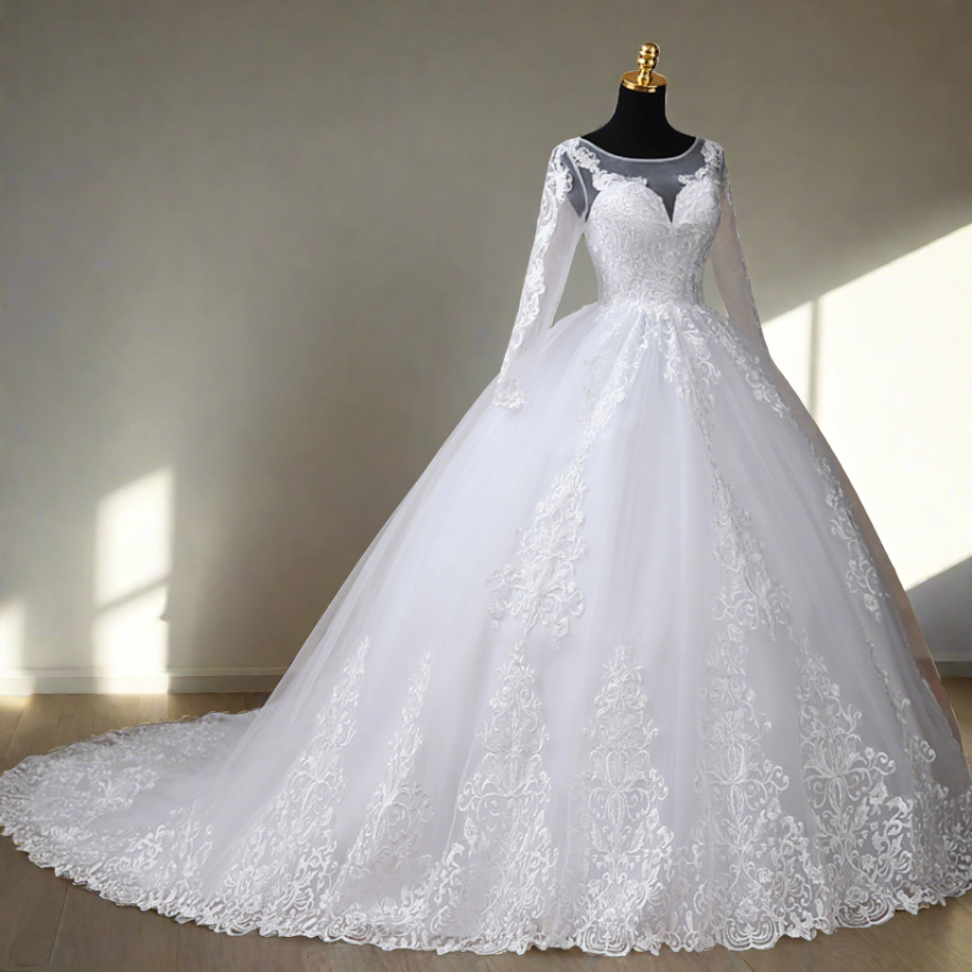 Boat neck bridal train gown GLGB505T for Christian & Catholic brides across Kerala, Goa, Mangalore, Tamil Nadu & North-East India, plus NRI brides in USA, UK & Gulf