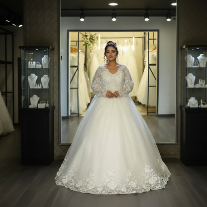 Front view of White Ball Gown with Sleeve Detail on model against studio backdrop — GownLink GLGB144