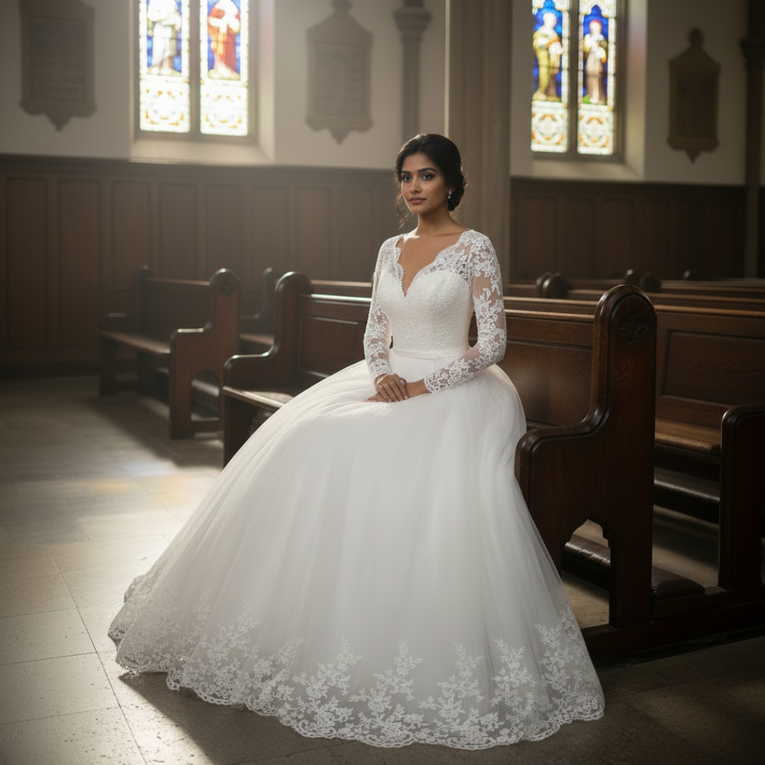 Front view of White Ball Gown on model against studio backdrop — GownLink GLHS14B