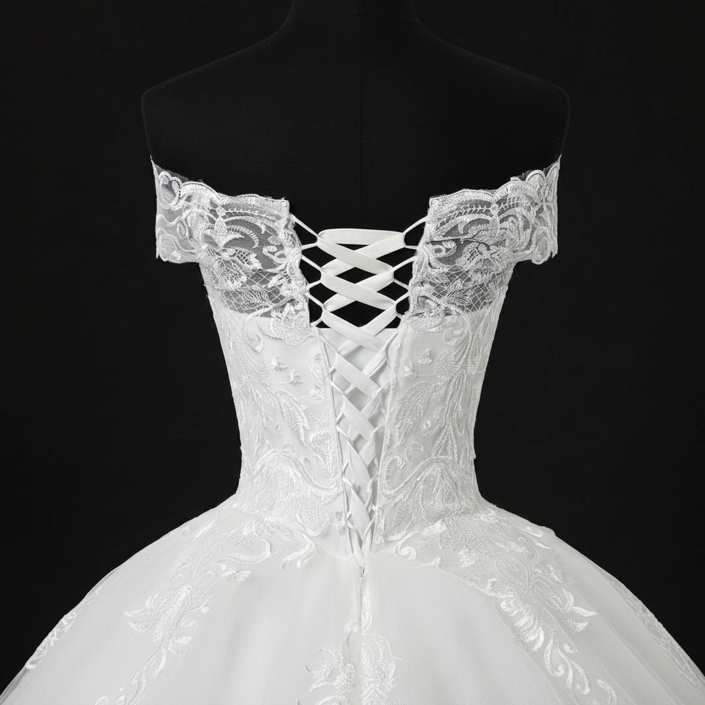Detail of neckline and bodice on White Ball Gown with Off Shoulder — GownLink GLQD09T