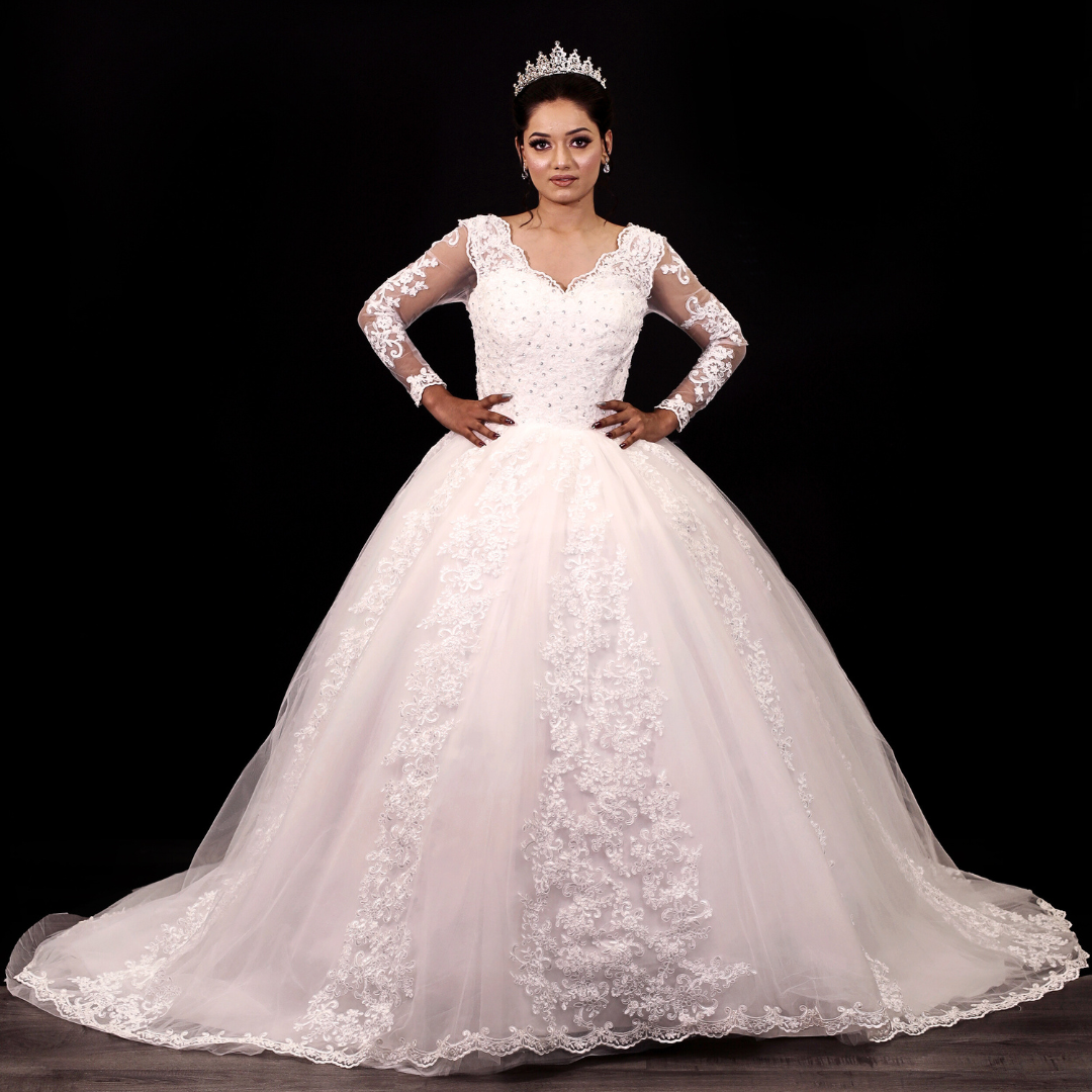 Royal Catholic wedding train gown GLGT048-T for Christian & Catholic brides across Kerala, Goa, Mangalore, Tamil Nadu & North-East India, plus NRI brides in USA, UK & Gulf