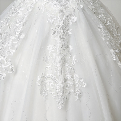 Sleeve detail close-up on White Ball Gown with Off Shoulder — GownLink GLQD09T