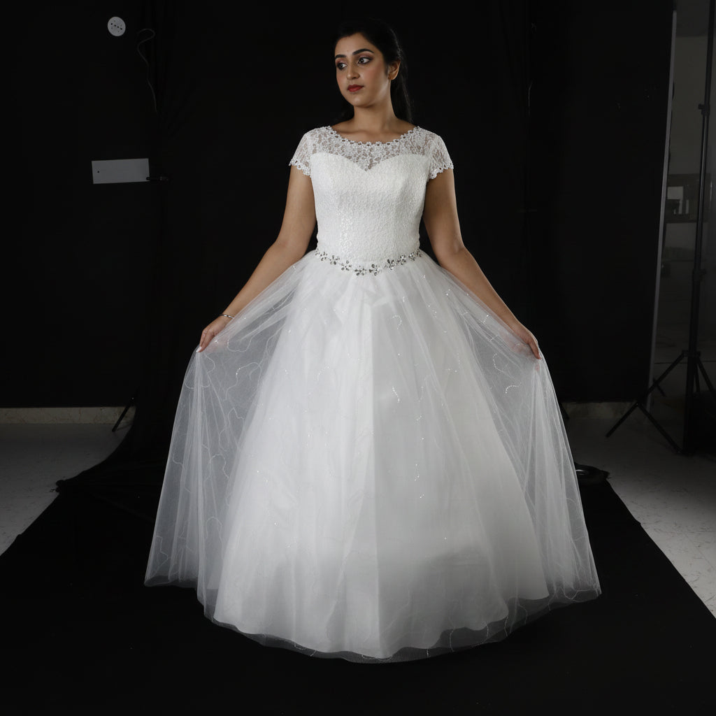 Sleeve detail close-up on White Ball Gown — GownLink GLHS587B