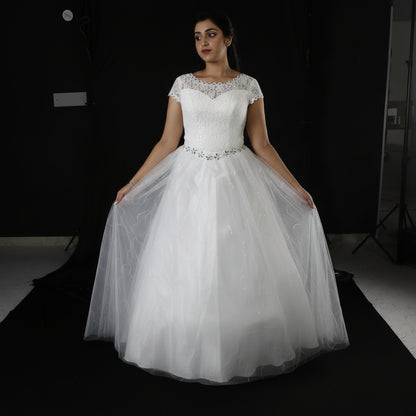 Sleeve detail close-up on White Ball Gown — GownLink GLHS587B