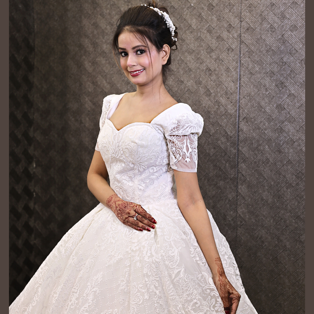 Full-length view of White Ball Gown with train spread on floor — GownLink GLGT166B
