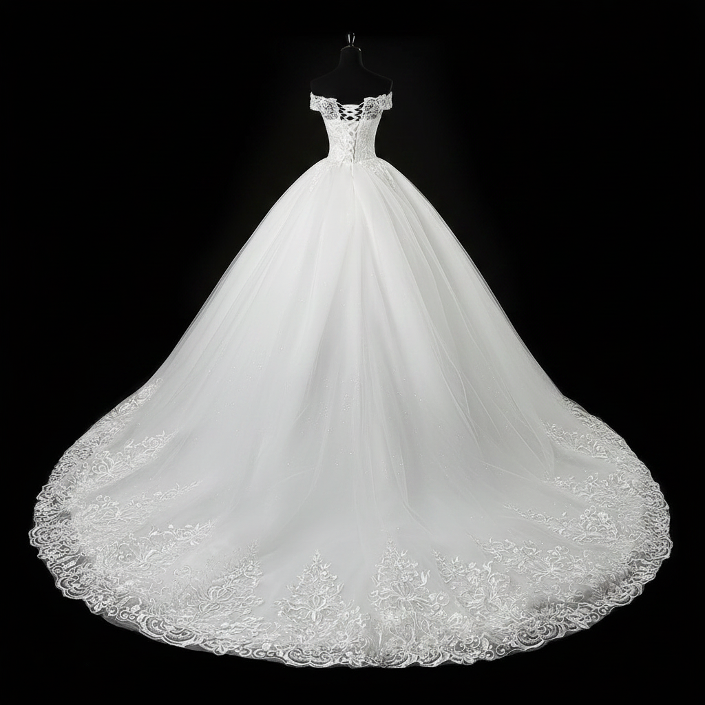 Back view of White Ball Gown with Off Shoulder showing train and closure detail — GownLink GLQD09T