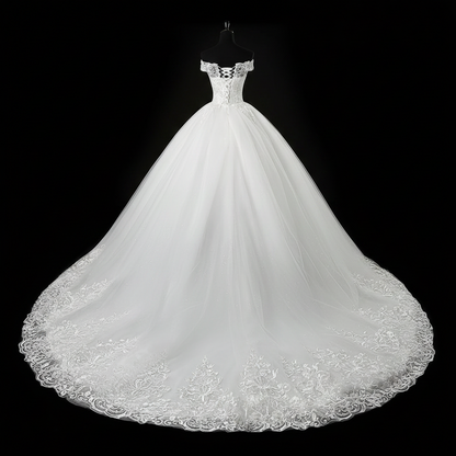 Back view of White Ball Gown with Off Shoulder showing train and closure detail — GownLink GLQD09T