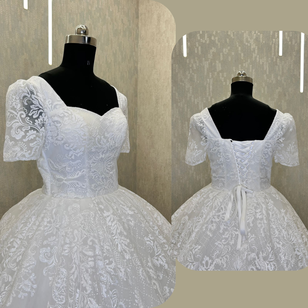 Three-quarter view of White Ball Gown on model — GownLink GLGT166B