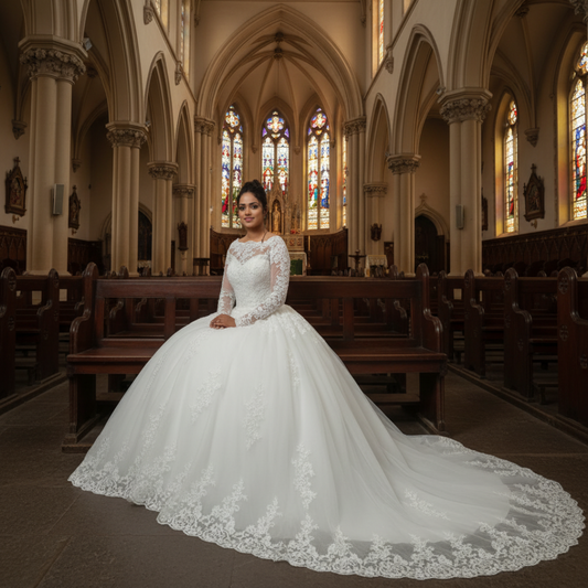 Classic bridal gown with long train GLR015 for Christian & Catholic brides across Kerala, Goa, Mangalore, Tamil Nadu & North-East India, plus NRI brides in USA, UK & Gulf