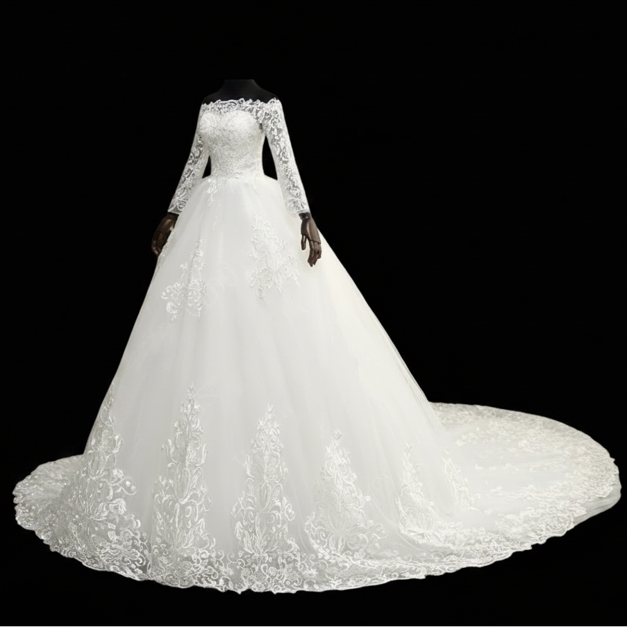 Front view of White Bridal Gown with Off Shoulder on model against studio backdrop — GownLink GLQD09T