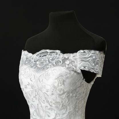 Full-length view of White Ball Gown with Off Shoulder with train spread on floor — GownLink GLQD09T