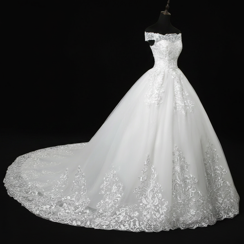 Side profile view of White Ball Gown with Off Shoulder showing silhouette — GownLink GLQD09T