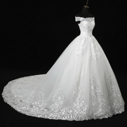 Side profile view of White Ball Gown with Off Shoulder showing silhouette — GownLink GLQD09T