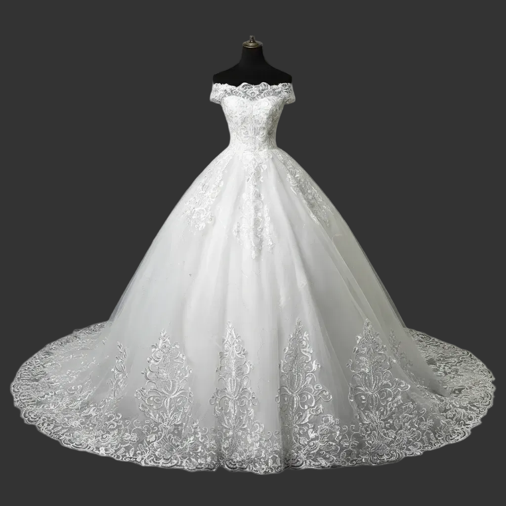 Front view of White Ball Gown with Off Shoulder on model against studio backdrop — GownLink GLQD09T
