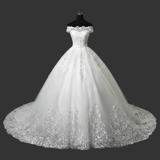 Off shoulder bridal train ball gown GLQD09T for Christian & Catholic brides across Kerala, Goa, Mangalore, Tamil Nadu & North-East India, plus NRI brides in USA, UK & Gulf