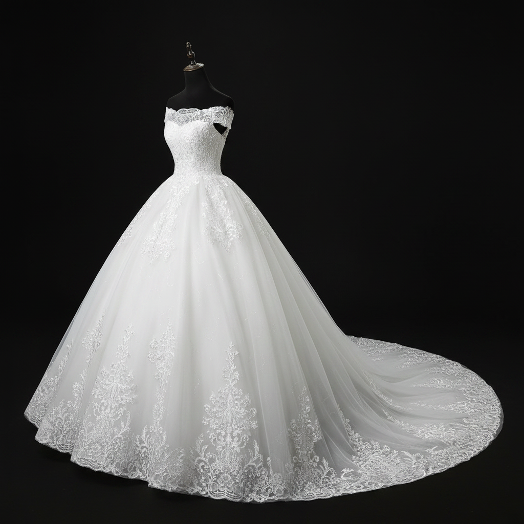 Close-up of lace and fabric detail on White Ball Gown with Off Shoulder — GownLink GLQD09T