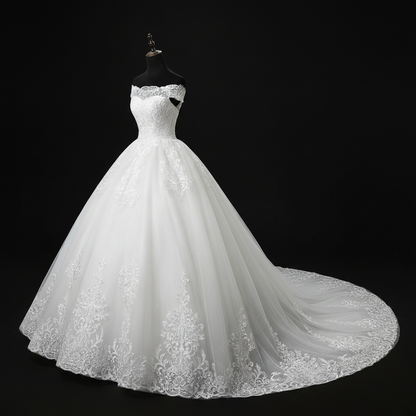 Close-up of lace and fabric detail on White Ball Gown with Off Shoulder — GownLink GLQD09T