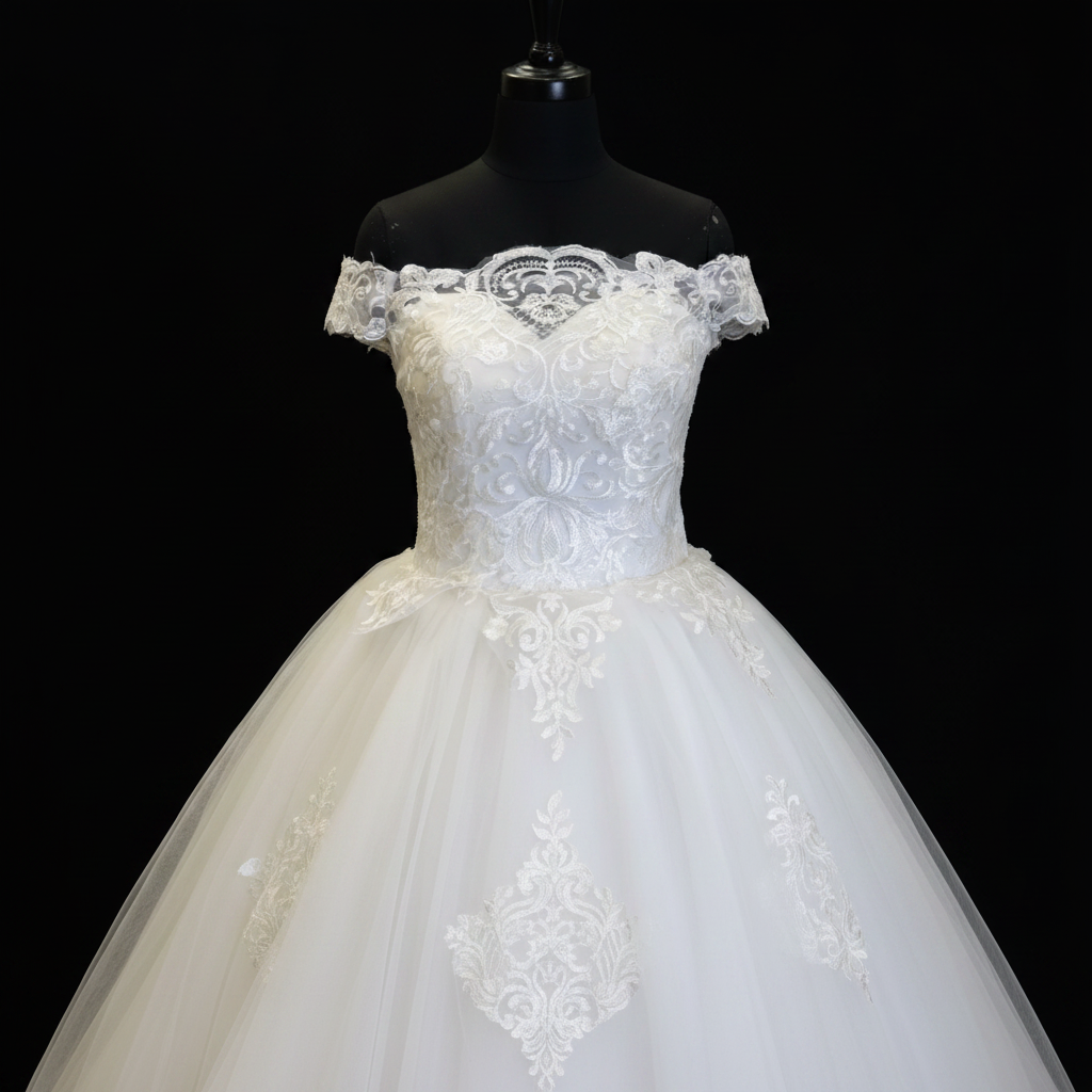 Hem and train lace detail on White Ball Gown with Off Shoulder — GownLink GLQD09T