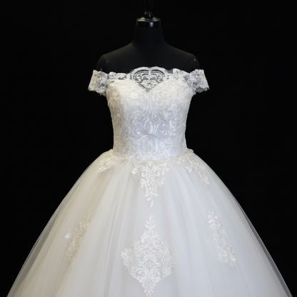 Hem and train lace detail on White Ball Gown with Off Shoulder — GownLink GLQD09T