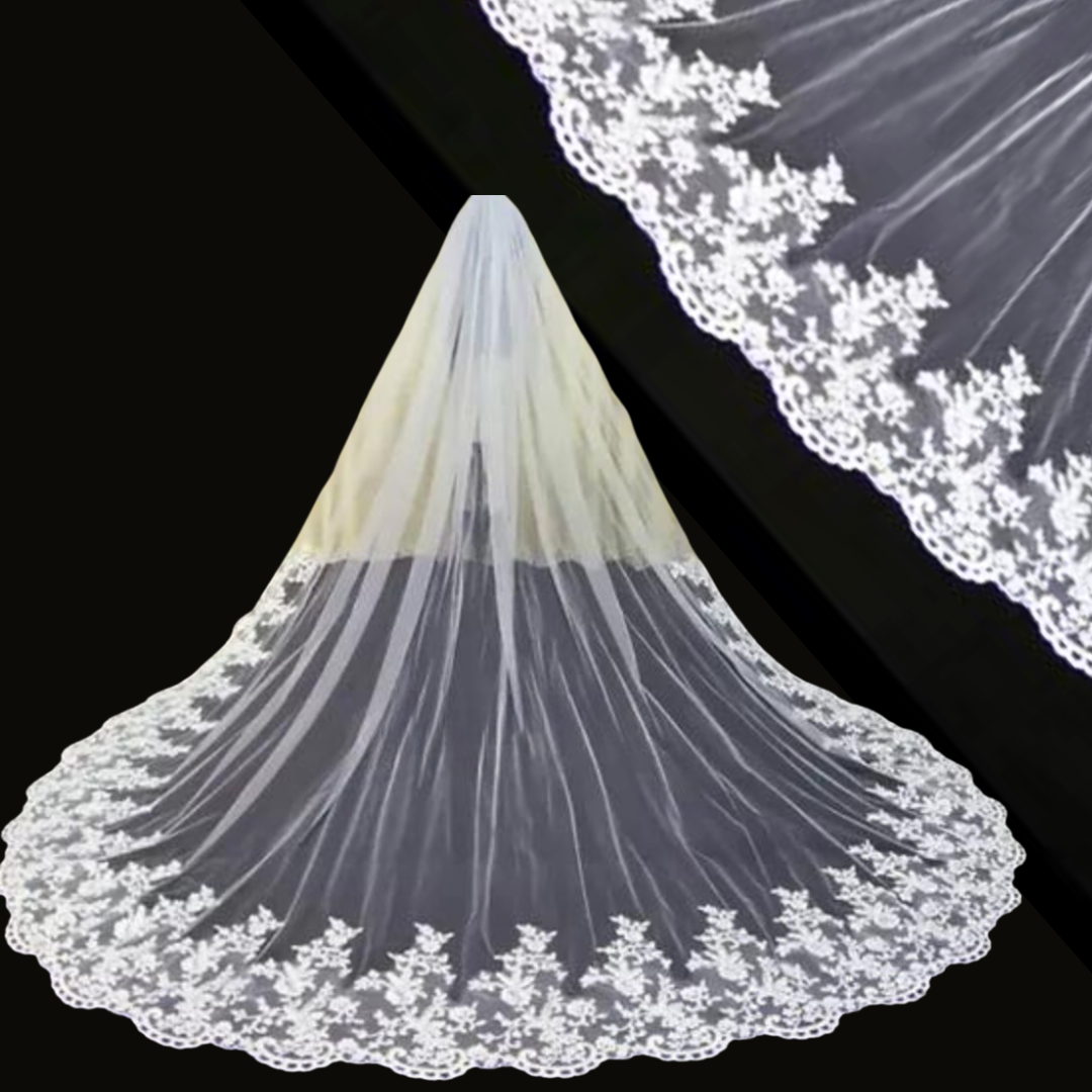 Back view of Long Bridal Veil showing full length and drape — GownLink GLVHS14