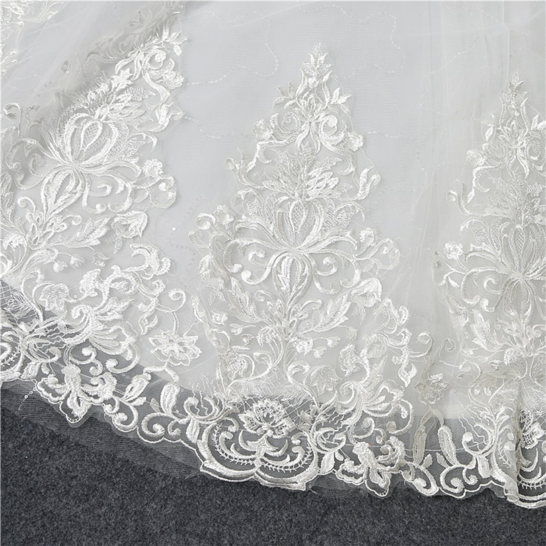 Back closure and button detail on White Ball Gown with Off Shoulder — GownLink GLQD09T