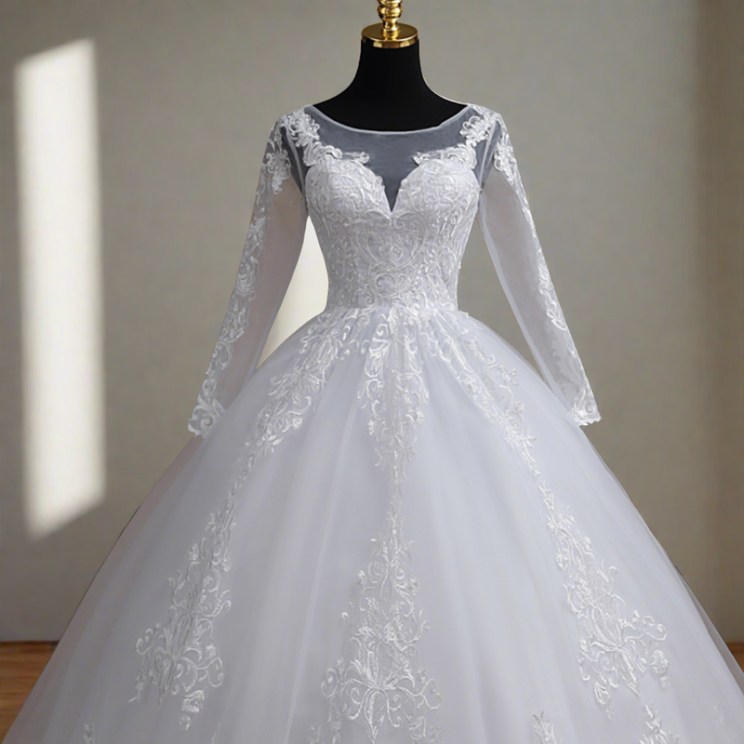 GownLink white Christian wedding gown displayed on mannequin