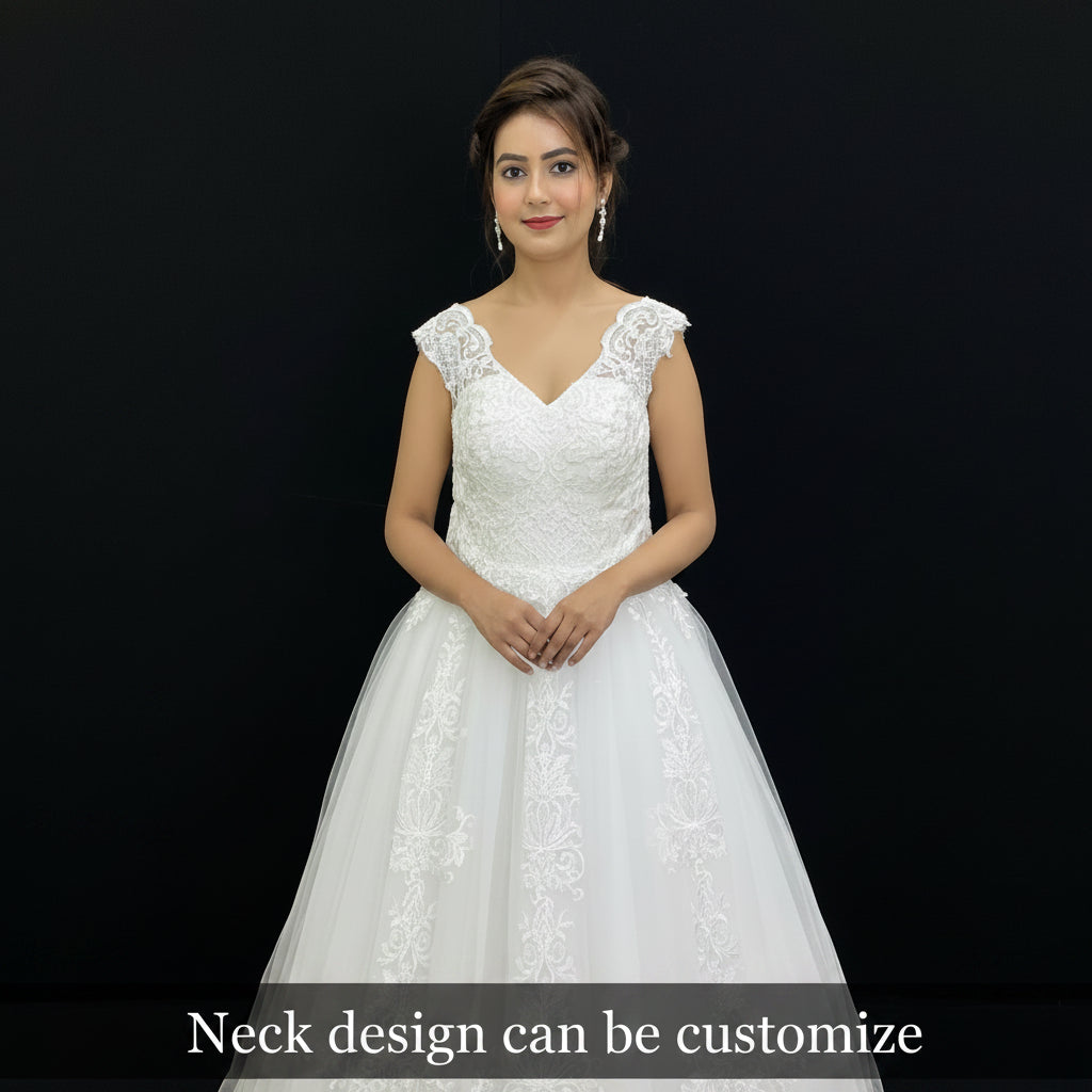 Church-ready white bridal gown featuring delicate lace sleeves, embroidered bodice, and princess silhouette