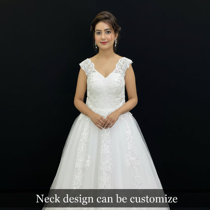 Church-ready white bridal gown featuring delicate lace sleeves, embroidered bodice, and princess silhouette