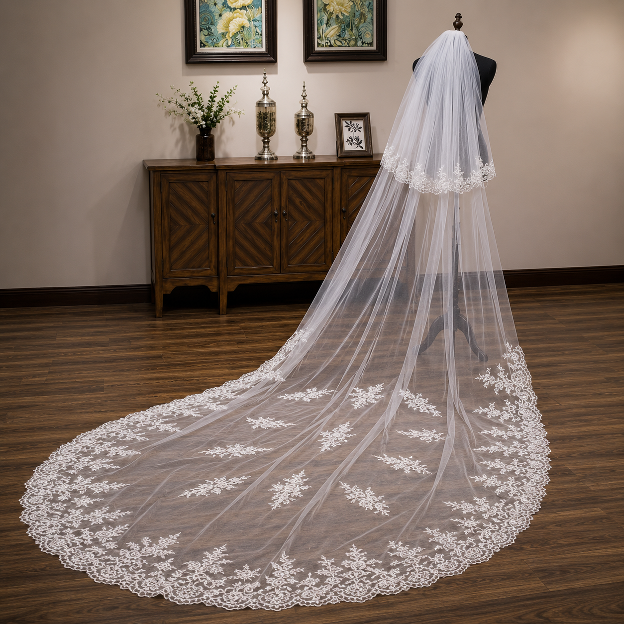 Christian bridal cathedral veil with embroidered floral lace border and soft face blusher.
