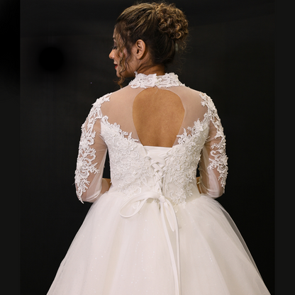 Sleeve detail close-up on White Bridal Gown with High Neck — GownLink GLD68B
