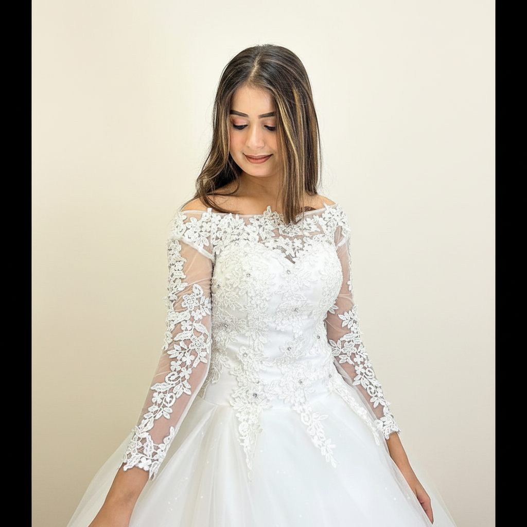 Classic Christian wedding ball gown with illusion neckline and intricate lace appliqués