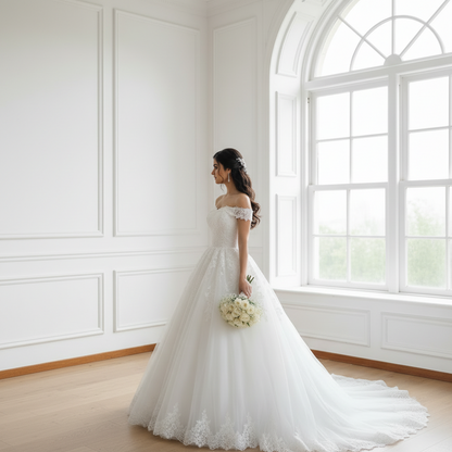 Classic GownLink Christian wedding ball gown with floral lace accents and a full-length tulle skirt