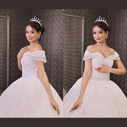 Church setting view of White Ball Gown with Off-Shoulder — GownLink GLGF108