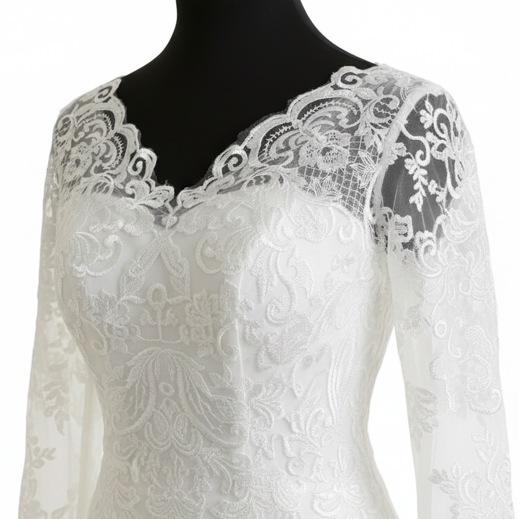 Classic Christian wedding gown featuring delicate lace details, long sleeves, and a full princess-style skirt
