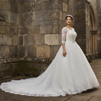 Classic Christian church wedding dress with delicate lace appliqué, half sleeves, and a graceful princess silhouette