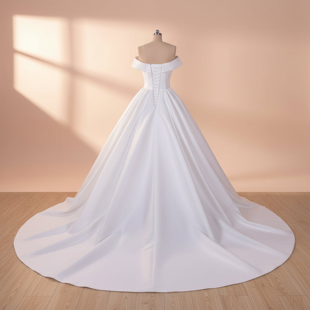 Close-up of lace and fabric detail on White Bridal Gown Satin with Train — GownLink GLHMST04