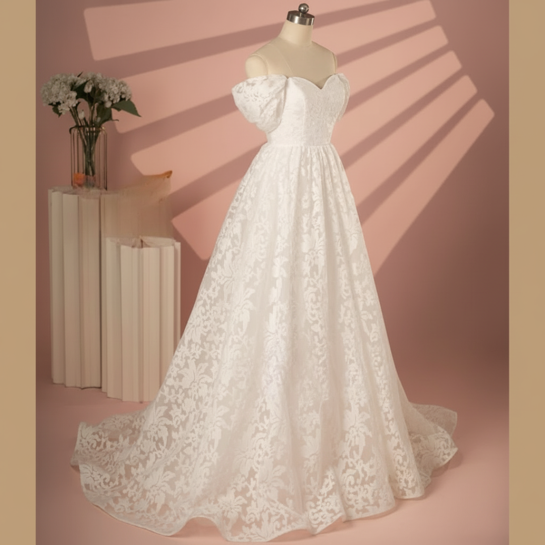 Back view of White A-Line Sparkle showing train and closure detail — GownLink GLGT167