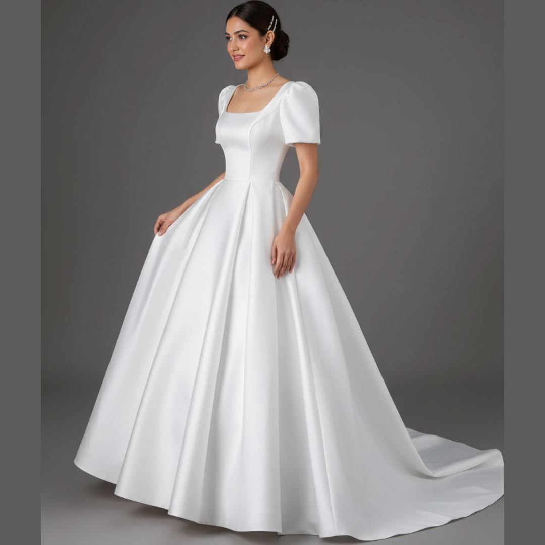 Close-up of lace and fabric detail on White Bridal Gown Satin with Train — GownLink GLHMST8