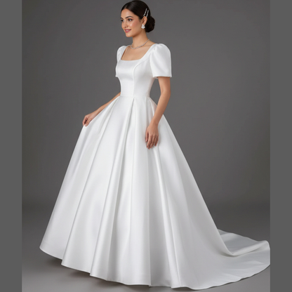 Close-up of lace and fabric detail on White Bridal Gown Satin with Train — GownLink GLHMST8