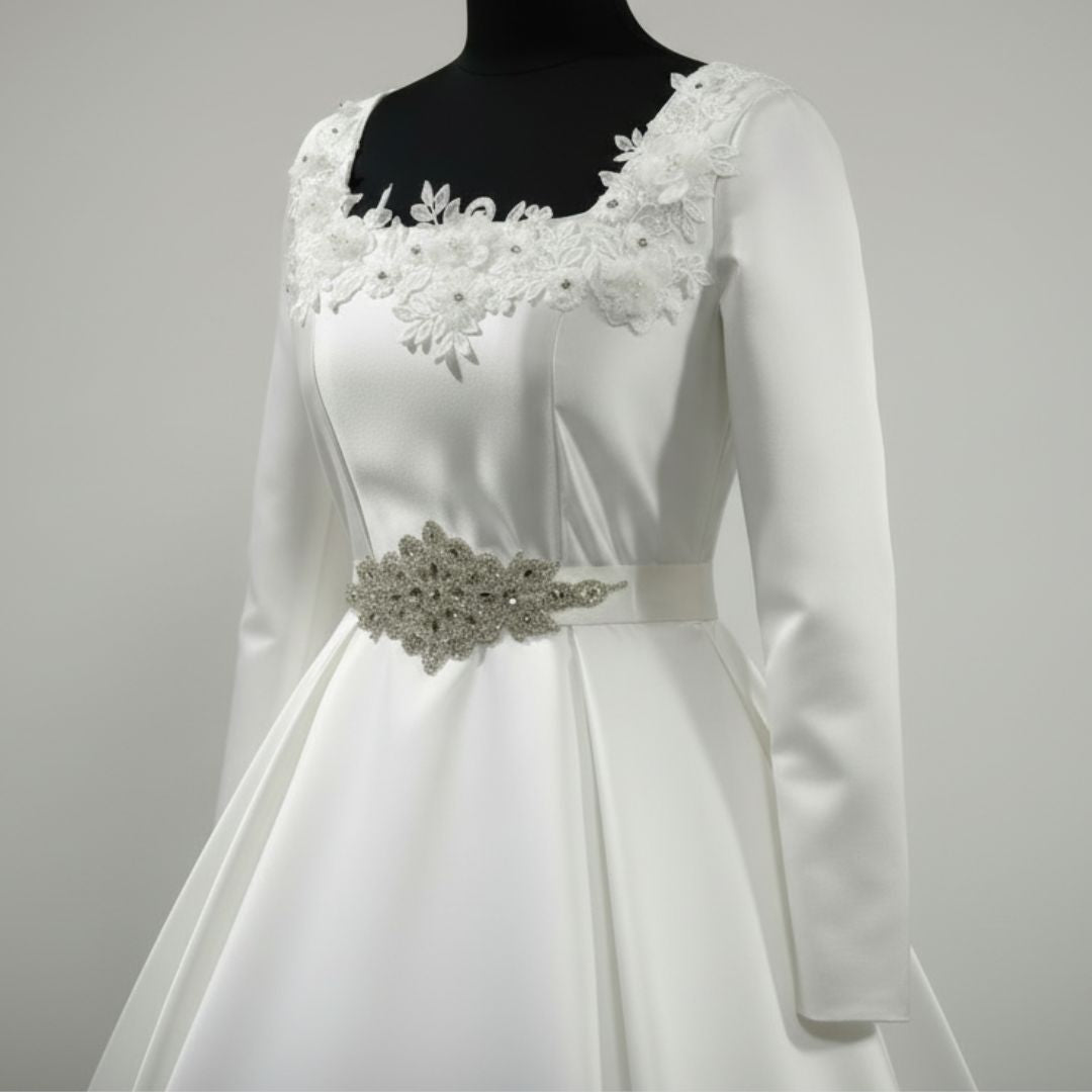 Full-length view of White Ball Gown Satin with train spread on floor — GownLink GLHMST21