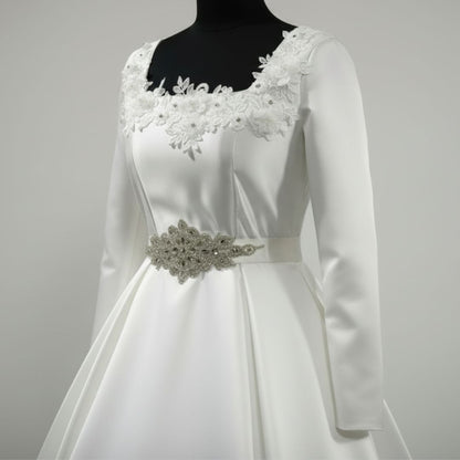 Full-length view of White Ball Gown Satin with train spread on floor — GownLink GLHMST21