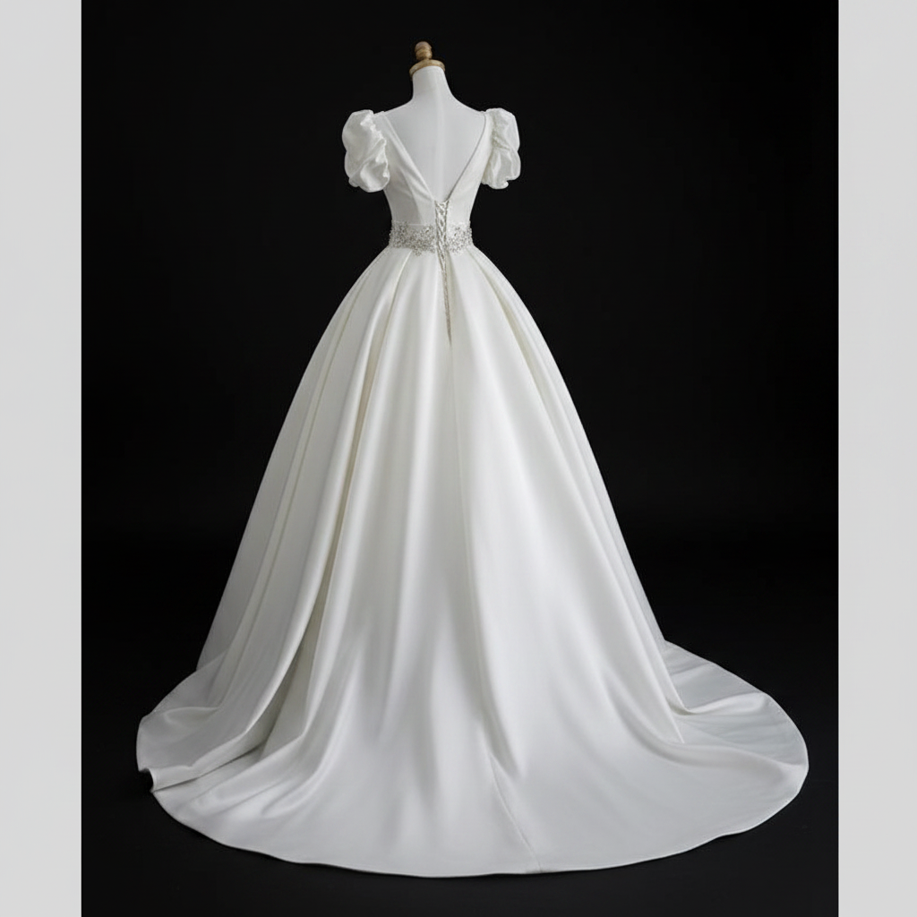 Close-up of lace and fabric detail on White Bridal Gown Satin with — GownLink GLHMST10