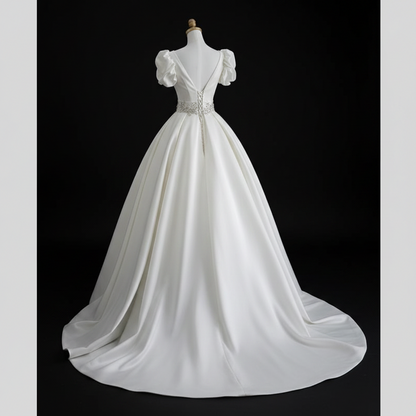 Close-up of lace and fabric detail on White Bridal Gown Satin with — GownLink GLHMST10
