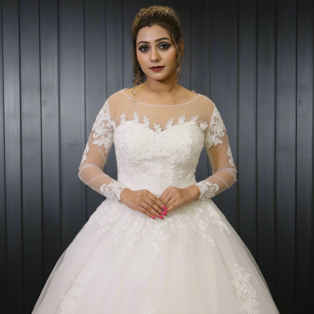 Classic white Christian bridal gown with elegant lace embroidery and flowing train