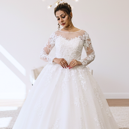 Full-length view of White Bridal Gown with Train with train spread on floor — GownLink GLGT028
