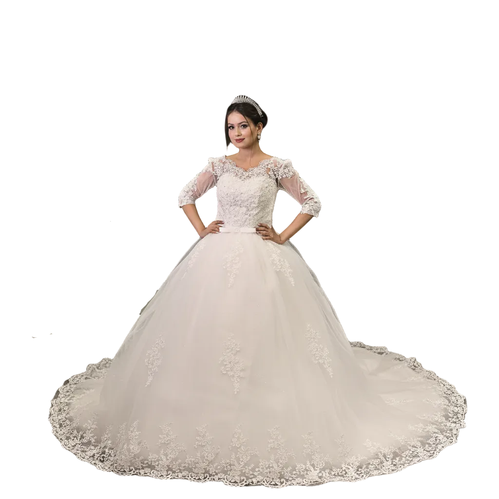 Classic white Christian wedding gown with floral lace embroidery and princess silhouette