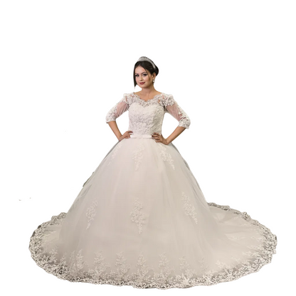 Classic white Christian wedding gown with floral lace embroidery and princess silhouette