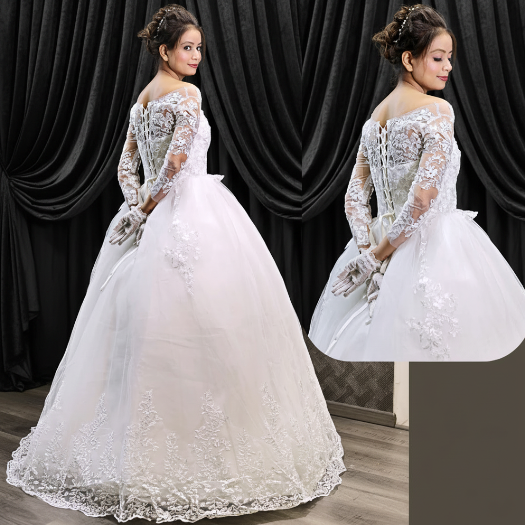 Classic white church bridal gown with long lace sleeves, elegant neckline, and graceful train