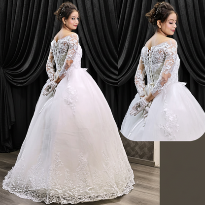 Classic white church bridal gown with long lace sleeves, elegant neckline, and graceful train